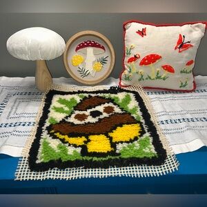 Vintage Mushroom Decor Lot; Latchook Rug, Embroidered Hoop, Pillow, Figurine